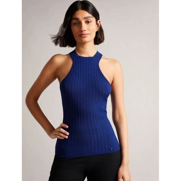 ted baker ribbed feoniix knit tank top solid Dark Blue Halter Small - Picture 1 of 8